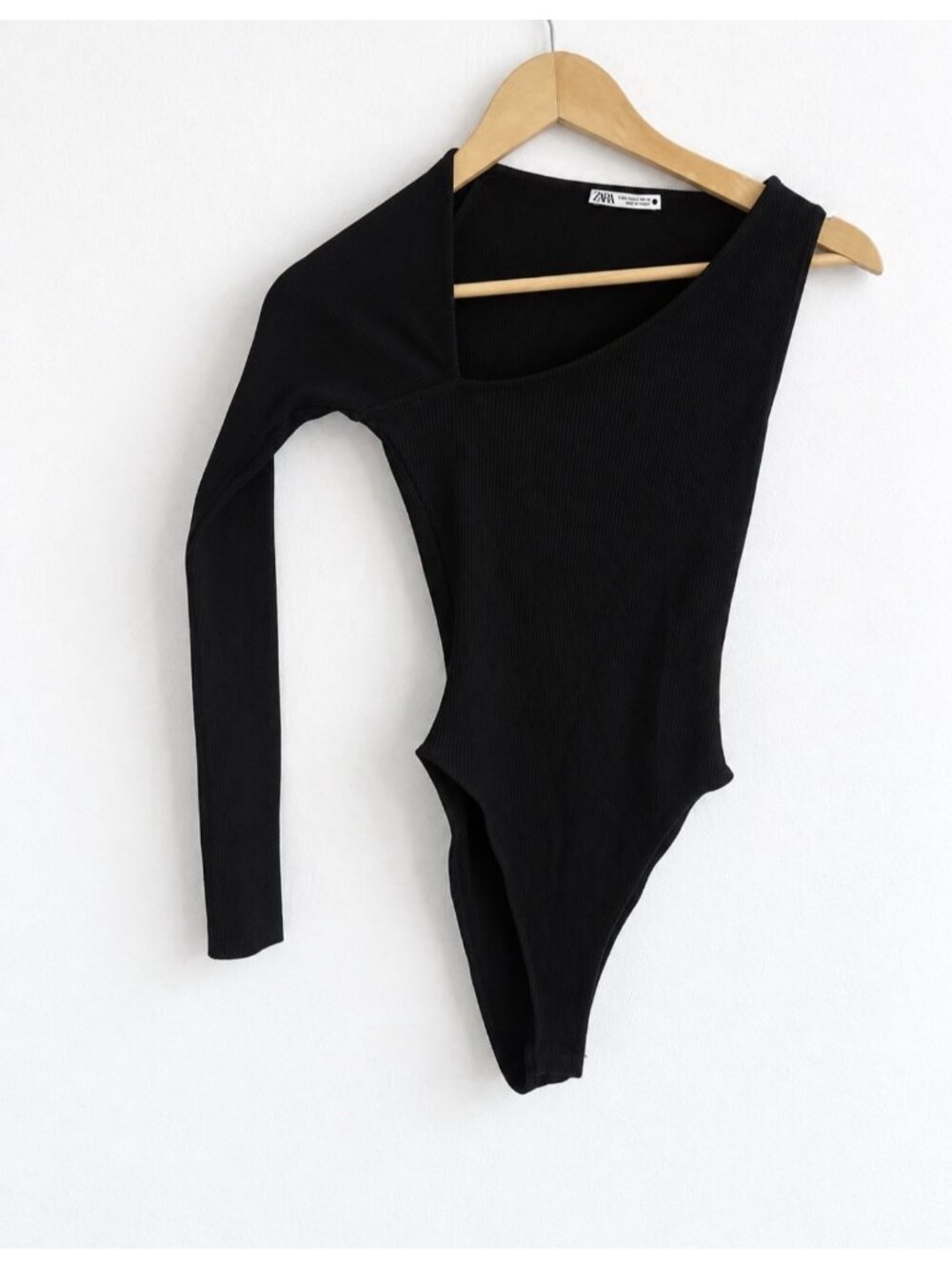 Zara Asymmetrical One Shoulder Ribbed Bodysuit Y2K Black Women’s S